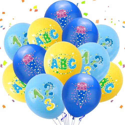 Schulanfang Deko Luftballon, 12pcs Einschulung Luftballon, Luftballons mit Alphanumerischem Muster, Einschulung Ballon Blau Deko Schulanfang Junge, für Schuleinführung Schulstart von YOUYIKE