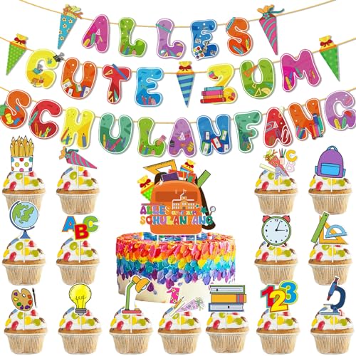 Tortendeko Einschulung, 17 Pcs Schulanfang Kuchen Deko, Schulanfang Cupcake Topper, Zuckertüte ABC 123 Schulanfang Girlande Kuchen Topper Für Junge Mädchen 1. Schultag Schulanfang Party Deko von YOUYIKE