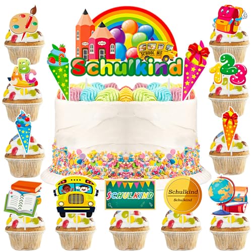 Schulanfang Tortendeko, Tortendeko Einschulung, Cupcake Topper Dekorationen Kuchendeko für Schulkind Junge Mädchen Geschenk und Tortendeko Schulanfang Party Deko von YOUYIKE