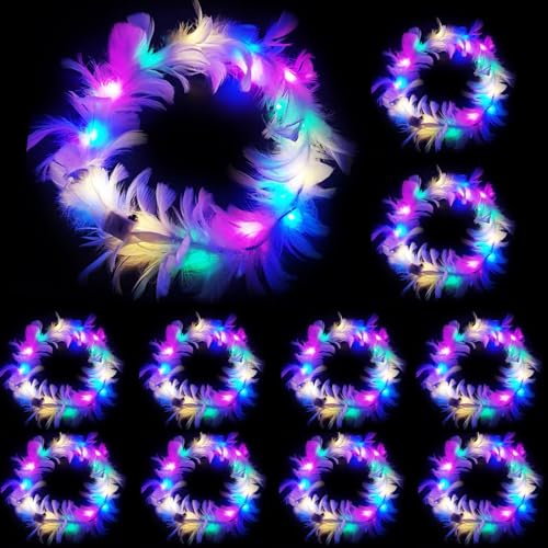 YOUYIKE 10 Stück LED Blumenkranz Haare, Haarreif, Haarkranz, Leucht Haarschmuck, Feder Stirnband für Damen und Kinder - Geburtstag, Weihnachten, Halloween, Fasching, Party Dekor (Farbe) von YOUYIKE