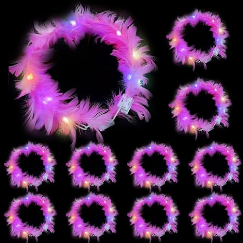 YOUYIKE 10 Stück LED Blumenkranz Haare, LED Haarreif, Haarkranz LED, Leucht Haarschmuck, LED Feder Stirnband, für Damen und Kinder Geburtstag Weihnachten Halloween Fasching Party Dekor (Rosa) von YOUYIKE