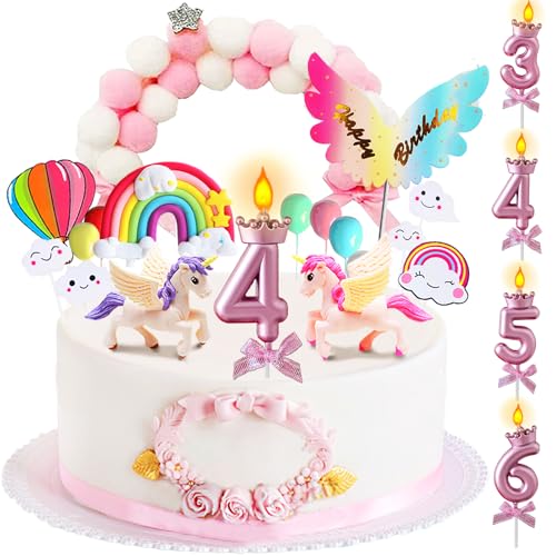 YOUYIKE 17 Stück Einhorn Tortendeko 4. Geburtstag Mädchen, Einhorn Kuchen Topper, Einhorn Regenbogen Tortendeko, Einhorn Kuchendeko, Einhorn Torte Deko für Mädchen 4 Jahr von YOUYIKE