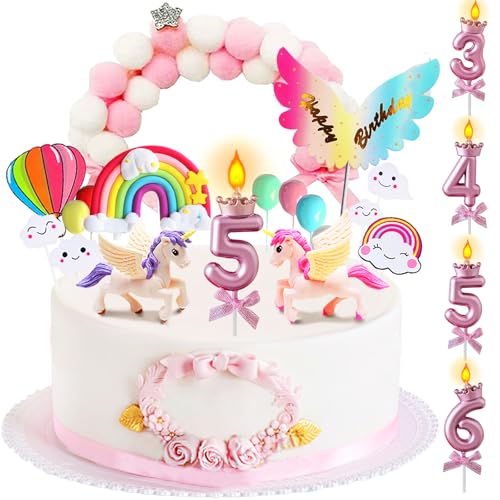 YOUYIKE 17 Stück Einhorn Tortendeko 5. Geburtstag Mädchen, Einhorn Kuchen Topper, Einhorn Regenbogen Tortendeko, Einhorn Kuchendeko, Einhorn Torte Deko für Mädchen 5 Jahr von YOUYIKE