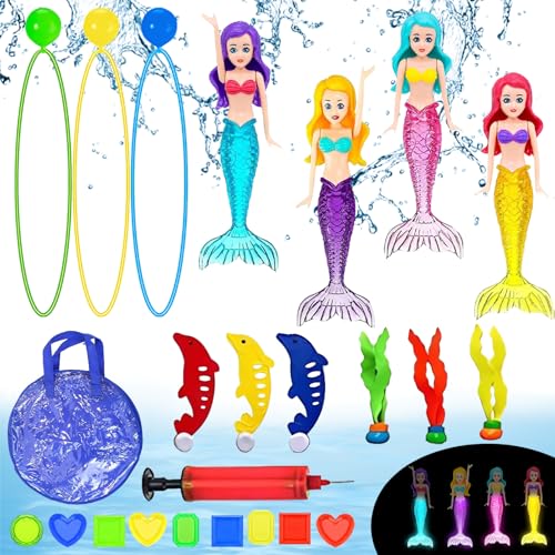 YOUYIKE 24 Stück Tauchspielzeug für Kinder, Unterwasser Tauchspielzeug Set, Tauchringe für Kinder, Nacht Leuchtende Meerjungfrau mit Meerestieren und Edelstein, für Jungen Mädchen ab 5-12 Jahren YOUYIKE 24 Stück Tauchspielzeug für Kinder, Unterwasser Tauchspielzeug Set, Tauchringe für Kinder, Nacht Leuchtende Meerjungfrau mit Meerestieren und Edelstein, für Jungen Mädchen ab 5-12 Jahren von YOUYIKE
