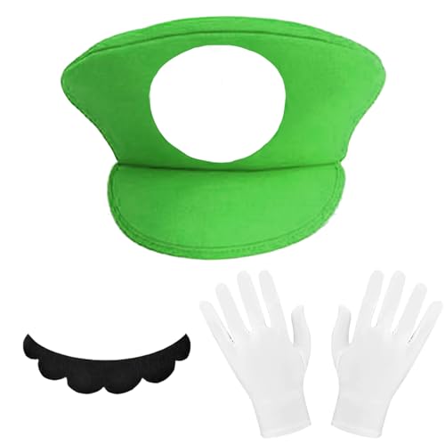 YOUYIKE 3 Stück Cosplay Kostüm Zubehör, mit Rot Grün Mützen, Handschuhen Klebe-Bärten, Brüder Kostüm Hut Cap für Fasching, Cosplay (Grün) von YOUYIKE