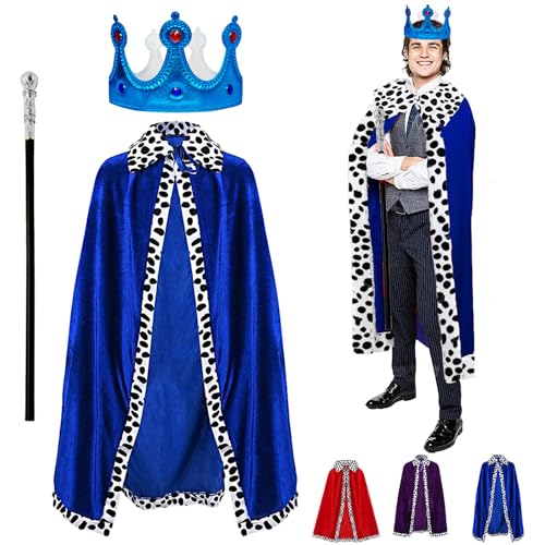 3 Stück König Kostüm für Erwachsene, Blau Erwachsene König Königin Kostüm mit 130cm Königsmantel, Krone König Königin,Zepter, für Cosplay, Mottoparty, Halloween, Karneval von YOUYIKE