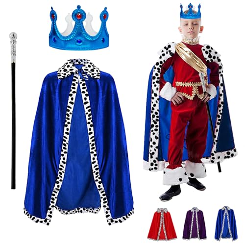 YOUYIKE 3 Stück König Kostüm für Kinder, Prinz Umhang Kinder Blau, mit 90cm Königsmantel, Krone König Königin,Zepter, für Cosplay, Mottoparty, Halloween, Karneval, König und Königinnen Kostüm von YOUYIKE