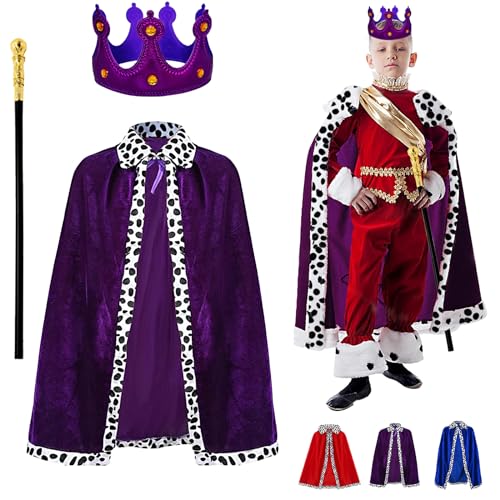 YOUYIKE 3 Stück König Kostüm für Kinder, Prinz Umhang Kinder Lila mit 90cm Königsmantel, Krone König Königin,Zepter, für Cosplay, Mottoparty, Halloween, Karneval, König und Königinnen Kostüm von YOUYIKE