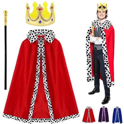 YOUYIKE 3 Stück König Kostüm für Erwachsene, Rot Erwachsene König Königin Kostüm mit 130cm Königsmantel, Krone König Königin,Zepter, für Cosplay, Mottoparty, Halloween, Karneval von YOUYIKE
