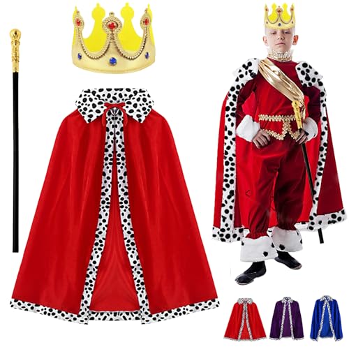 YOUYIKE 3 Stück König Kostüm für Kinder, Prinz Umhang Kinder Rot mit 90cm Königsmantel, Krone König Königin,Zepter, für Cosplay, Mottoparty, Halloween, Karneval, König und Königinnen Kostüm von YOUYIKE