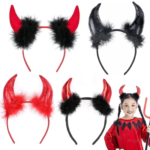 YOUYIKE 4 Stück Teufelsohren, Haarband Haarreifen Fasching Karneval Halloween Party Kostüm Haarschmuck Stirnband Headwear Hörner（Schwarz+Rot+Stil 2+Stil 3 von YOUYIKE