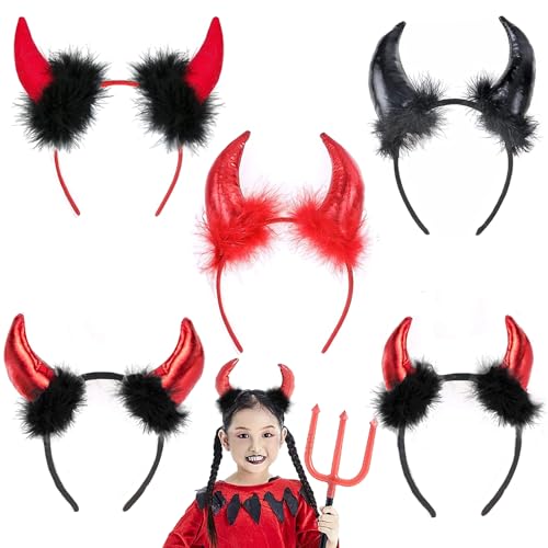 YOUYIKE 5 Stück Teufelsohren, Haarband Haarreifen Fasching Karneval Halloween Party Kostüm Haarschmuck Stirnband Headwear Hörner(Schwarz+Rot+Stil 1+Stil 2+Stil 3) von YOUYIKE