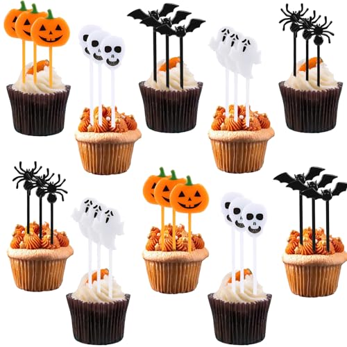 YOUYIKE 50 Stück Halloween Cupcake Topper, 5 Stile, Kuchendeko Fruit Picks, Lustige Halloween Cake Topper Fledermaus Geist Kürbis Spinne für Halloween Party Kuchen Essen Käseplatte Vorspeisen Dekor von YOUYIKE