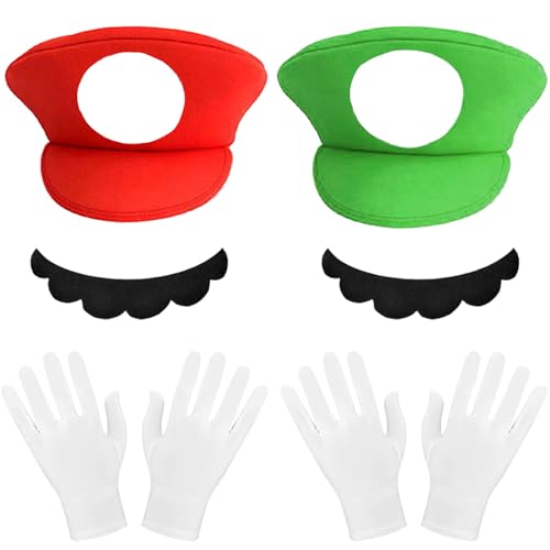 YOUYIKE 6 Stück Cosplay Kostüm Zubehör, mit Rot Grün Mützen, Handschuhen Klebe-Bärten, Brüder Kostüm Hut Cap für Fasching, Halloween& Cosplay (Rot+Grün) von YOUYIKE