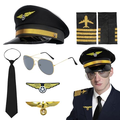 YOUYIKE Pilot Kapitän Kostüm Zubehör, 7 Stück Pilot Kostüm Kit mit Pilotenmütze, Schulterklappen Streifen, Abzeichen, Medaille, Sonnenbrille, Krawatte, für Erwachsene Männer Fasching Karneval Party YOUYIKE Pilot Kapitän Kostüm Zubehör, 7 Stück Pilot Kostüm Kit mit Pilotenmütze, Schulterklappen Streifen, Abzeichen, Medaille, Sonnenbrille, Krawatte, für Erwachsene Männer Fasching Karneval Party von YOUYIKE