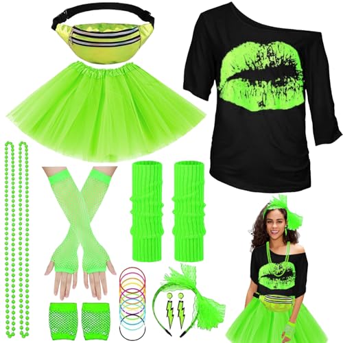 YOUYIKE 80er Jahre Outfit Damen Blau Set S/M/L/XL/XXL, T-Shirt, Gürteltasche, Tutu, Stirnband, Halskette, Ohrring, Netzhandschuhe, 80er jahre accessoires Neon Thema Party (L-Grün) von YOUYIKE