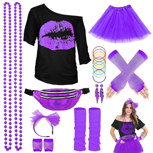 YOUYIKE 80er Jahre Outfit Damen Blau Set S/M/L/XL/XXL, T-Shirt, Gürteltasche, Tutu, Stirnband, Halskette, Ohrring, Netzhandschuhe, 80er jahre accessoires Neon Thema Party (L-Lila) von YOUYIKE