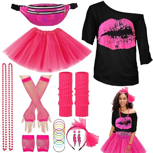 YOUYIKE 80er Jahre Outfit Damen Blau Set S/M/L/XL/XXL, T-Shirt, Gürteltasche, Tutu, Stirnband, Halskette, Ohrring, Netzhandschuhe, 80er jahre accessoires Neon Thema Party (XL-Rosa) von YOUYIKE