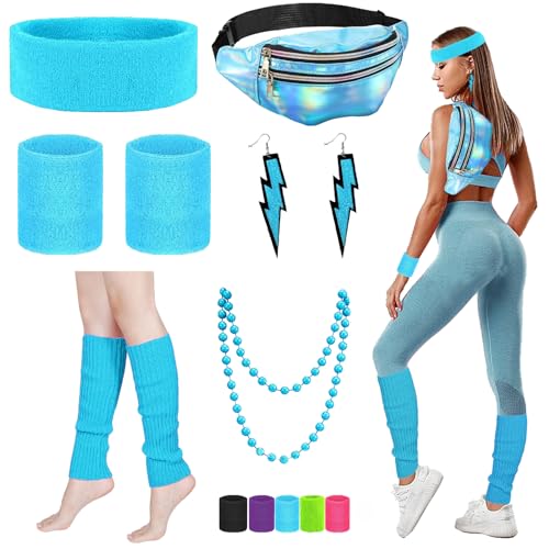 YOUYIKE 90er 80er Jahre Outfit Damen Blau Set, Gürteltasche, Neon Stirnband, Ohrring, Halskette, Handschuhe, 80er jahre accessoires Neon Thema Party 80er Jahre Karneval Kostüm Damen Frauen Mädchen von YOUYIKE