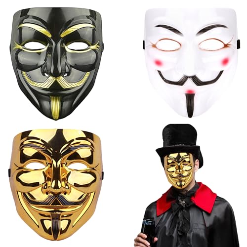 3 Stück V wie Vendetta Maske, Anonymous Maske, Game Master Maske, Hacker Masken, Halloween Maske, Kostüm Cosplay Party, Erwachsene Kinder Unisex Halloween Fancy Carnival Masken(gold, weiß, schwarz) von YOUYIKE