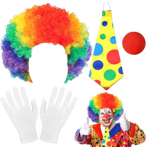 YOUYIKE Clown Kostüm Accessoire, 5 Stück Clown Kostüm Set, Clown Kostüm Kinder, Clown Lockenperücke+Clownsnase+Bunte Krawatte+Handschuhe Geeignet Kostümzubehör Für Karneval, Ostern Und Halloween von YOUYIKE