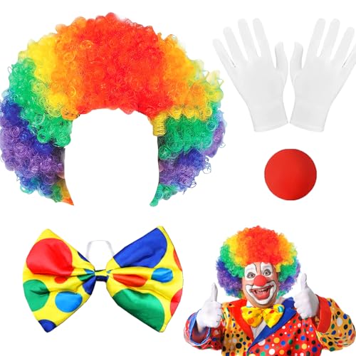 YOUYIKE Clown Kostüm Accessoire, 5 Stück Clown Kostüm Set, Clown Kostüm Kinder, Clown Lockenperücke+Clownsnase+ Clownschleife+Handschuhe Geeignet Kostümzubehör Für Karneval, Ostern Und Halloween von YOUYIKE