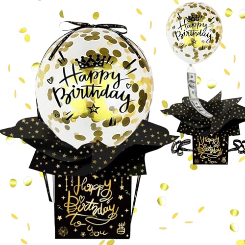 YOUYIKE DIY Geldgeschenke Geburtstag mit Luftballons, üBerraschungsbox, Explosionsbox, Luftballon Pull Up Geburtstag Geldgeschenk, Geld Geschenkverpackung für Ihre Familie, Kinder (Schwarz und Gold) von YOUYIKE