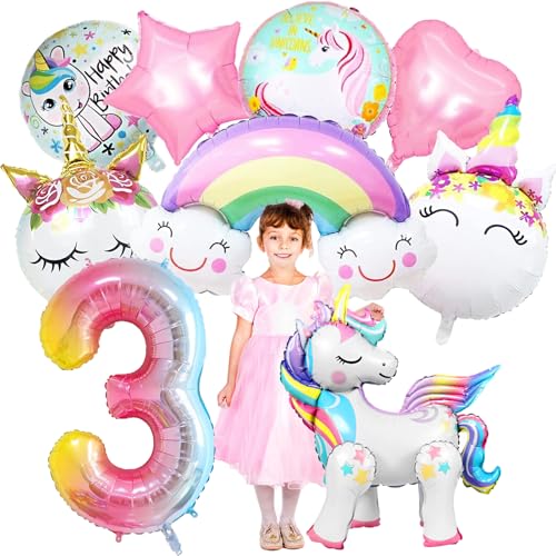YOUYIKE 3. Geburtstag Mädchen Einhorn Deko, 9 Stk Einhorn Deko Kindergeburtstag 3 Jahre, XXL Folienballon Einhorn für Mädchen Geburtstag Einhorn Mottoparty Deko von YOUYIKE