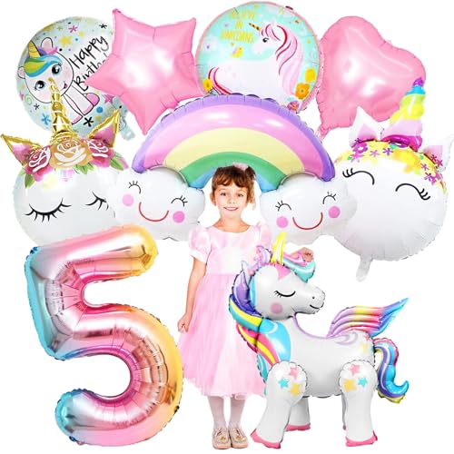 YOUYIKE 5. Geburtstag Mädchen Einhorn Deko - 9 Stk Kindergeburtstag 5 Jahre, XXL Folienballon für Mädchen Geburtstag Mottoparty von YOUYIKE