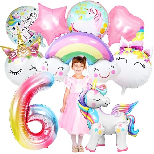 YOUYIKE 6. Geburtstag Mädchen Einhorn Deko, 9 Stk Einhorn Deko Kindergeburtstag 6 Jahre, XXL Folienballon Einhorn für Mädchen Geburtstag Einhorn Mottoparty Deko von YOUYIKE