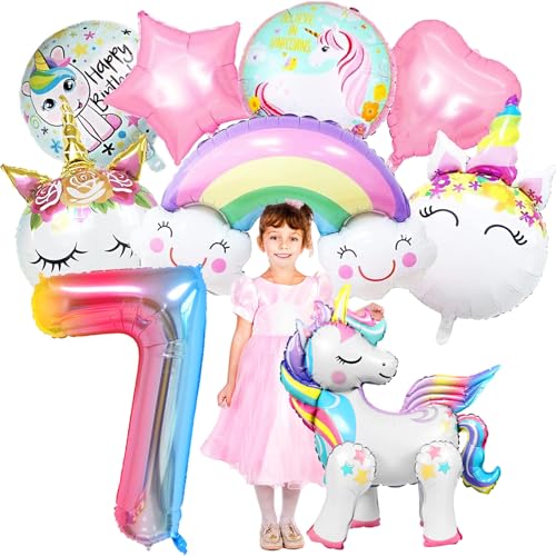 YOUYIKE 7. Geburtstag Mädchen Einhorn Deko, 9 Stk Einhorn Deko Kindergeburtstag 7 Jahre, XXL Folienballon Einhorn für Mädchen Geburtstag Einhorn Mottoparty Deko von YOUYIKE