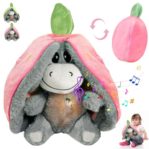 YOUYIKE Erdbeer Esel Kuscheltier Atmendes Kuscheltier, 4-in-1 Atmung & Schlaflieder mit Warmem Licht – Schlummer Kuscheltier für Neugeborene und Junge Mütter von YOUYIKE