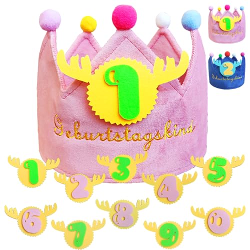 YOUYIKE Geburtstagskrone Kinder mit Zahlen, Geburtstagskrone Samt mit Zahlen von 0-9 für Mädchen und Jungen, Rosa Krone zum Geburtstag, kindergeburtstag Party deko Hut für 3.4.5.6.geburtstag Mädchen von YOUYIKE