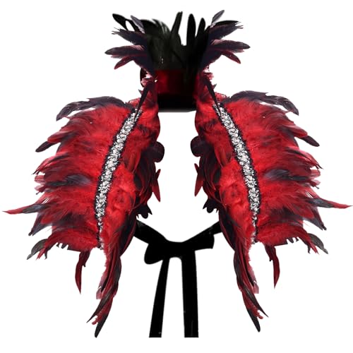 YOUYIKE Gothic Federkragen, Federumhang, Top Wings, Natürlicher Feder Cape, Swan Kostüm mit Feder Achselzucken, Geeignet für Männer und Frauen Halloween, Karneval, Gotische Kleiderparty（Rot） von YOUYIKE