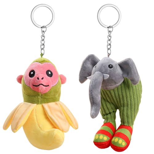 YOUYIKE Klassiker der Berge und Meere Plüsch-Schlüsselanhänger, Lustige Brainrot Meme Figur mit Weiches Kuscheltier Spielzeug für Kinder & Erwachsene (Bananenaffe + Pantoffelefant-Kaktus) von YOUYIKE