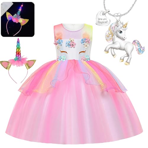 YOUYIKE Prinzessin Kostüm, Kinder Kleid 3-teiliges Set, Mädchen Einhorn Prinzessin Kleid, Cosplay Karneval Verkleidung Party Hochzeit Prinzessin Kleid mit Halskette und Stirnband, 120CM(Rosa) von YOUYIKE