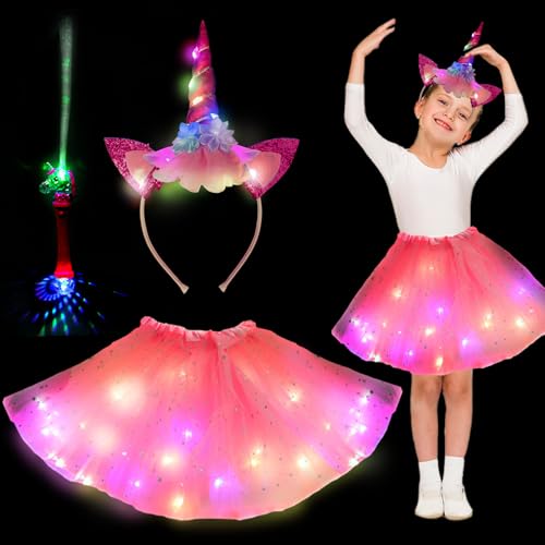 YOUYIKE Mädchen Einhorn Prinzessin Kleid, Leuchtend Einhorn Kostüm Kinder, Einhorn Haarreif Zauberstab Led für Halloween Karneval Cosplay Geburtstag Party FaschingskostüMe Kinder von YOUYIKE
