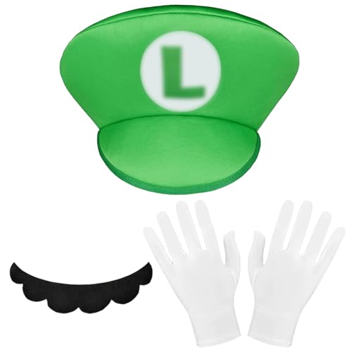 YOUYIKE Mario Luigi Kostüm Accessories, 3 Stück Super Mario Cosplay Kostüm Accessorie, mit Grün Mützen, Handschuhen Klebe-Bärten für Faschingkostüme Damen Herren Kind Halloween Outfits Karneval Kostüm von YOUYIKE