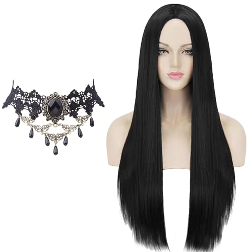 YOUYIKE Perücke Schwarz Lang, mit Gotische Halskette, Gerade Schwarze Perücke, Erücke Hexe für Cosplay, Halloween, Karneval und Themenpartys von YOUYIKE