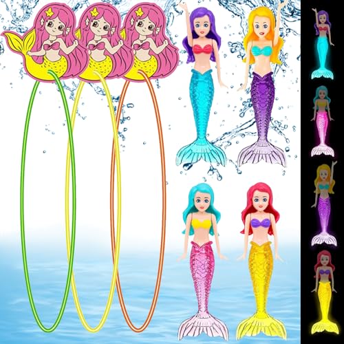 YOUYIKE Tauchringe für Kinder Mit 3 Tauchringen&4 Leuchtenden Meerjungfrauen Tauchspielzeug Meerjungfrauen Badewanne Schwimm Puppe für Wasser Pool, Sommer&Tauchtraining von YOUYIKE