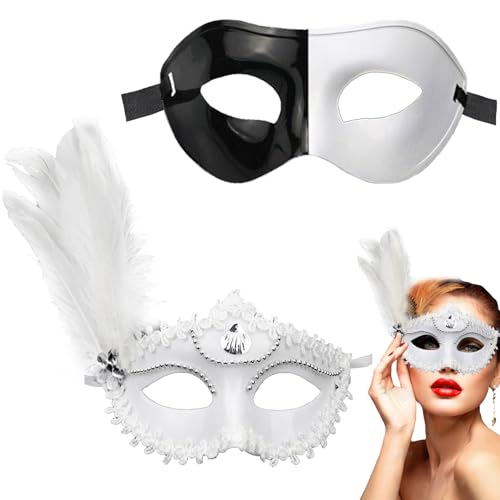 YOUYIKE 2 Stück Venezianischen Maske, Schwarz und Weiß Maskerade Masken mit Federn, Venezianische Masken für Halloween Karneval Party Kostüm Maskenball Damen Herren von YOUYIKE