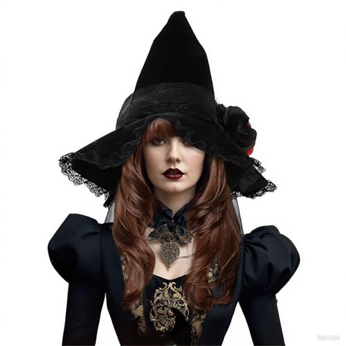YOWOCAL Gothic Hexe Stirnband mit Rose Spitze Samt breite Krempe Spitzhut Barock Königin Kostüm Zubehör für Maskerade von YOWOCAL
