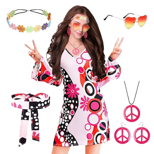 YQBFB Hippie Kostüm Damen Set für Karneval, 70er Jahre Bekleidung zubehör Damen Kleid, 60er 70er Damen Disco Kleid Faschingskostüme (L) von YQBFB