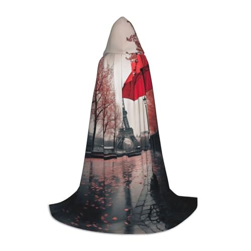 YQTGBCED Eiffelturm mit rotem Regenschirm-Druck, Kapuzenumhang für Halloween, Renaissance-Stil, perfekt für Rollenspiele und Partys von YQTGBCED