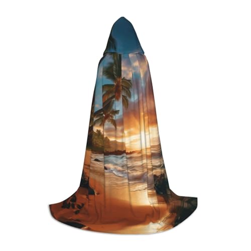 YQTGBCED Hawaiianischer Strand mit Palmen-Druck, Kapuzenumhang für Halloween, Renaissance-Stil, perfekt für Rollenspiele und Partys von YQTGBCED