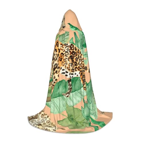 YQTGBCED Kapuzenumhang mit Leoparden- und Palmenblättern, für Halloween, Renaissance-Stil, perfekt für Rollenspiele und Partys von YQTGBCED