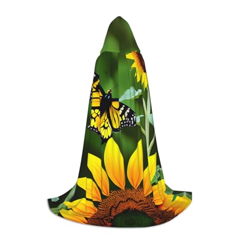 YQTGBCED Kapuzenumhang mit Sonnenblumen- und Schmetterlings-Aufdruck, für Halloween, Renaissance-Stil, perfekt für Rollenspiele und Partys von YQTGBCED