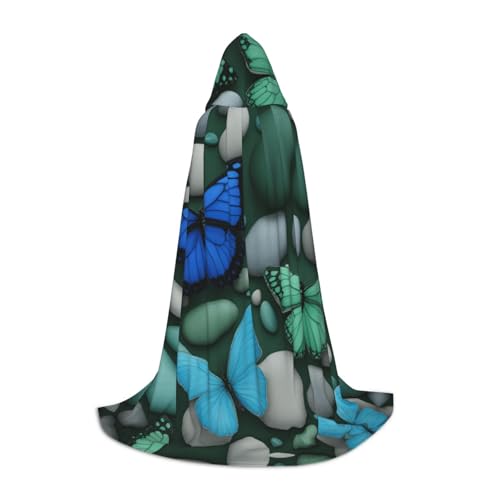 YQTGBCED Kapuzenumhang mit blauem Schmetterling, grünem Schmetterling und Steindruck, für Halloween, Renaissance-Stil, perfekt für Rollenspiele und Partys von YQTGBCED