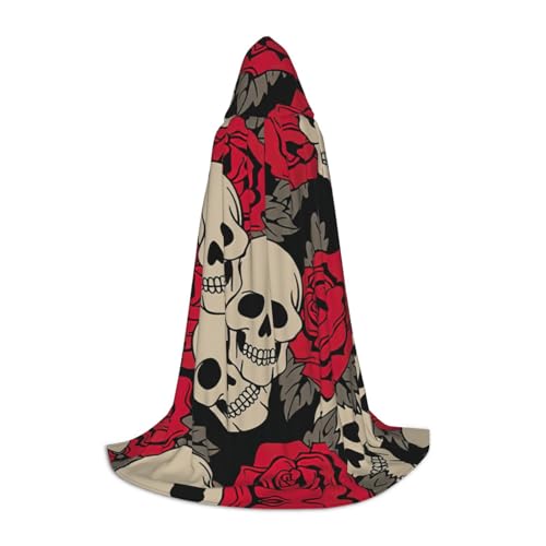 YQTGBCED Schwarzer Totenkopf mit Rosen-Aufdruck, Kapuzenumhang für Halloween, Renaissance-Stil, perfekt für Rollenspiele und Partys von YQTGBCED