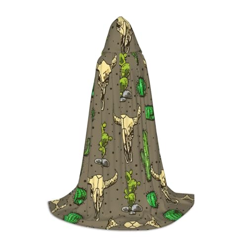 YQTGBCED Totenkopf des Stiers und niedlicher Kaktus-Druck, Kapuzenumhang für Halloween, Renaissance-Stil, perfekt für Rollenspiele und Partys von YQTGBCED